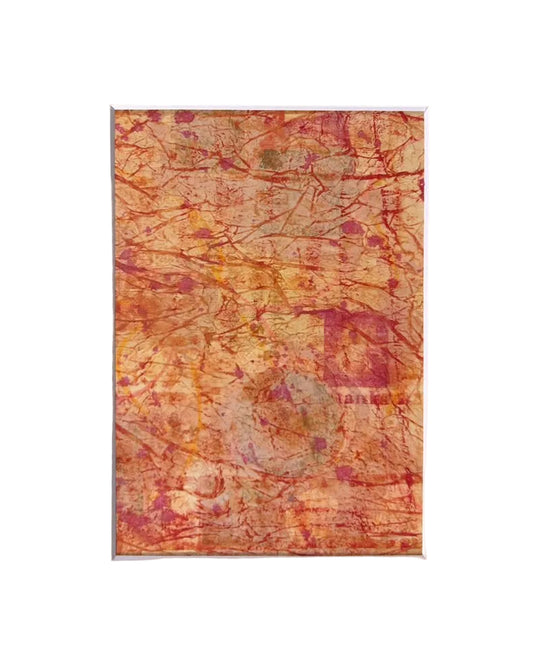 An abstract art print featuring a textured, marbled pattern in warm tones of orange, yellow, and red, presented on a white background with a thin gray frame.