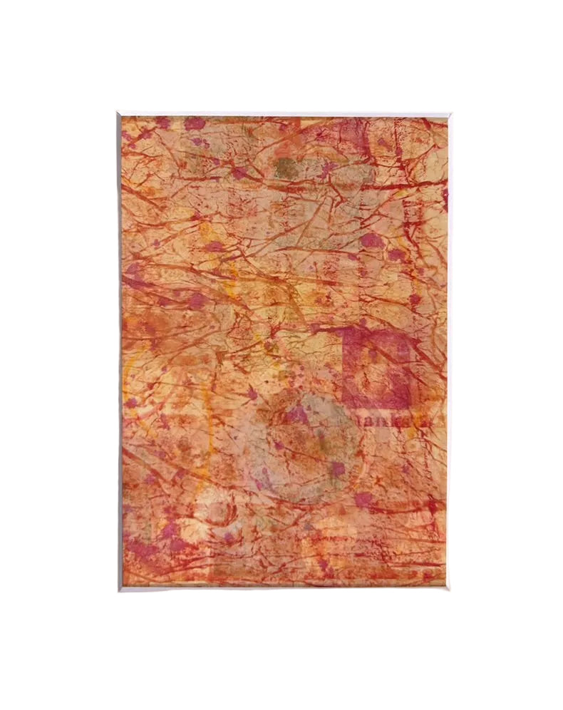 An abstract art print featuring a textured, marbled pattern in warm tones of orange, yellow, and red, presented on a white background with a thin gray frame.